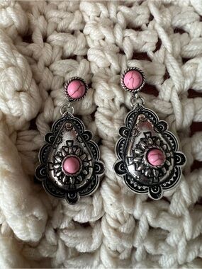 Pink Stone Silver-Tone Teardrop Dangle Earrings